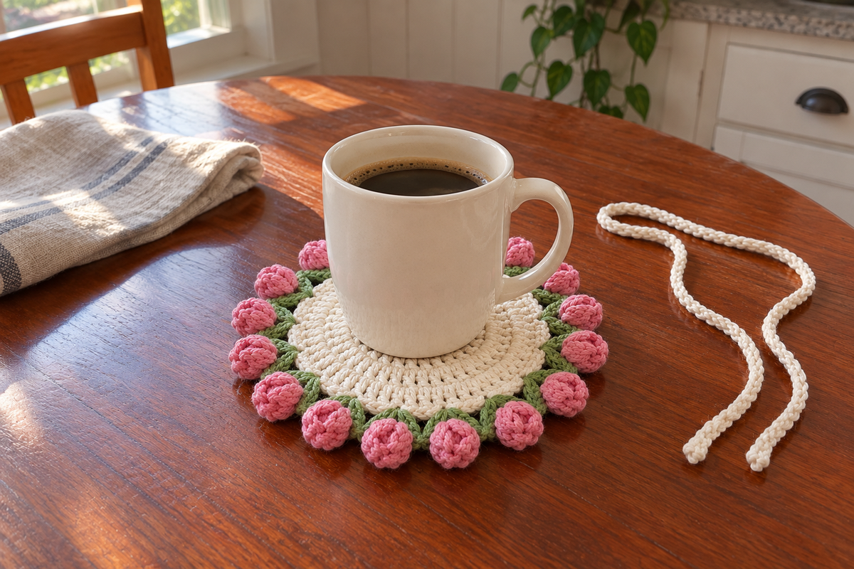 Rosebud: a coffee mug on a flat warm-white crochet coaster edged with rose-pink popcorn buds and green leaves.