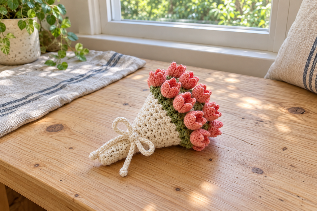 Tulip: a coral tulip crochet coaster rolled into a warm-white bouquet and tied with a white bow by a window.