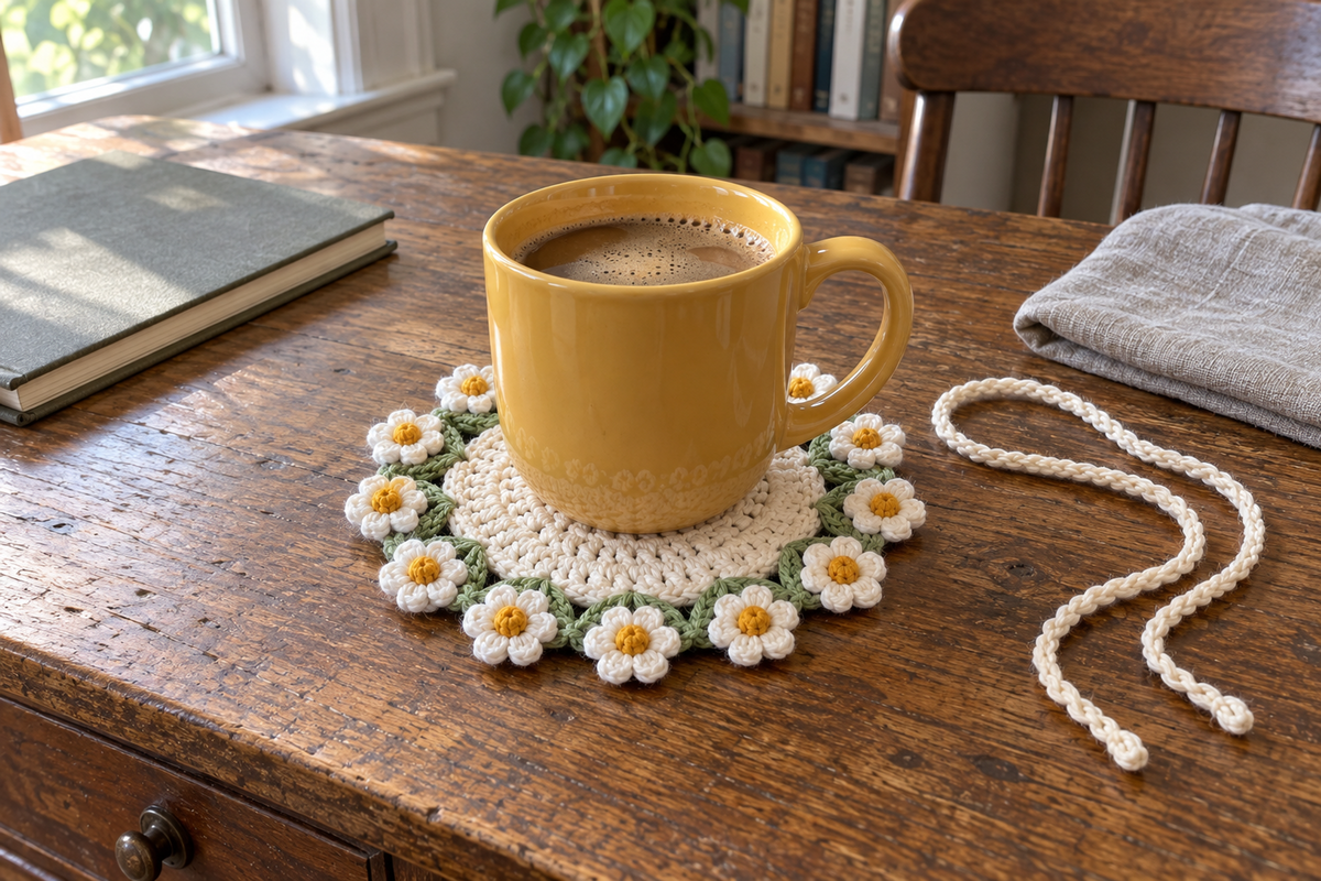 Daisy: a coffee mug on a flat white-and-gold daisy crochet coaster with green leaves on a wooden desk.