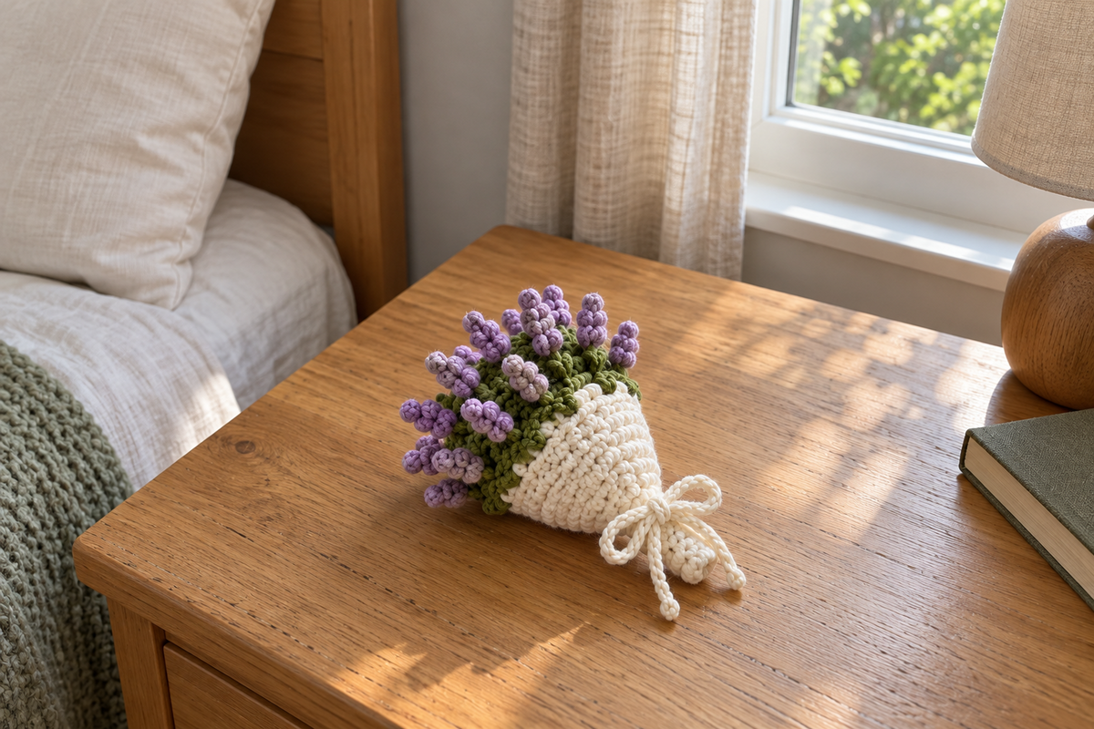 Lavender: a warm-white crochet bouquet with lavender bobble spikes, green leaves and a white bow on a bedside table.