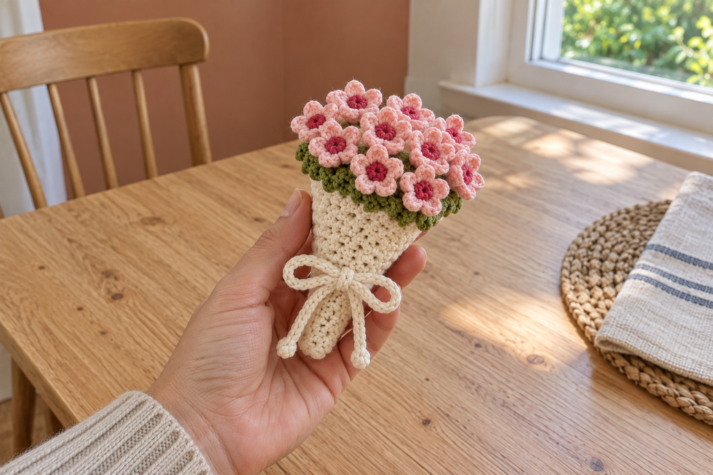 Cherry Blossom: a hand holding a pink blossom crochet coaster rolled into a warm-white bouquet with a white bow.