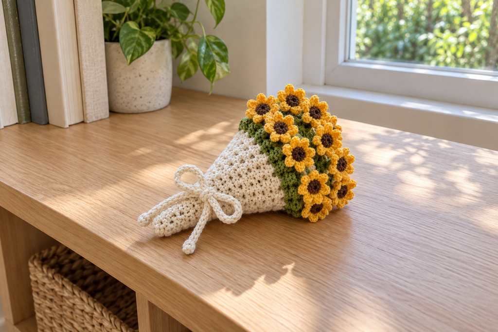 Sunflower: a tied warm-white crochet bouquet with gold sunflowers, brown centres and green leaves by a window.