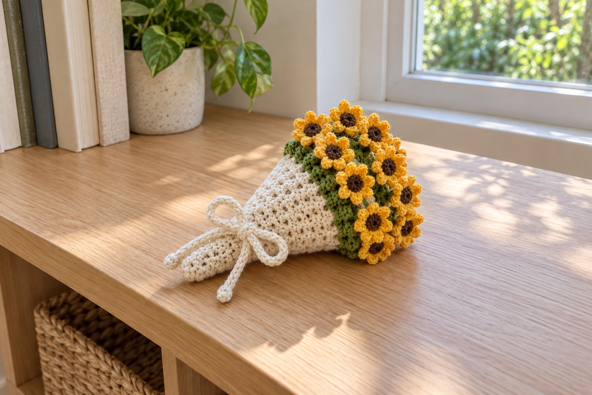 Sunflower: a tied warm-white crochet bouquet with gold sunflowers, brown centres and green leaves by a window.