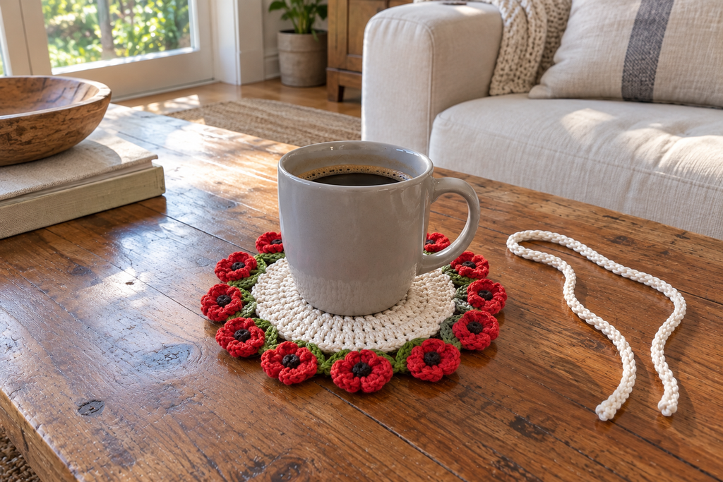 Poppy: a coffee mug on a flat warm-white crochet coaster with red poppies, dark centres and green leaves.