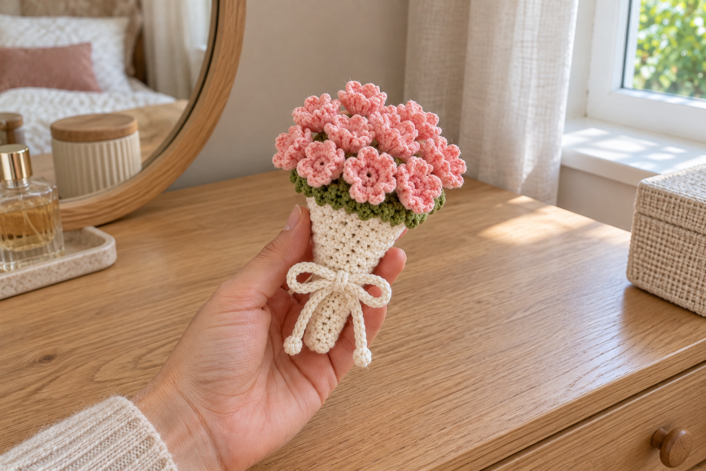 Carnation: a hand holding a warm-white crochet bouquet with frilled pink carnations and a white bow.