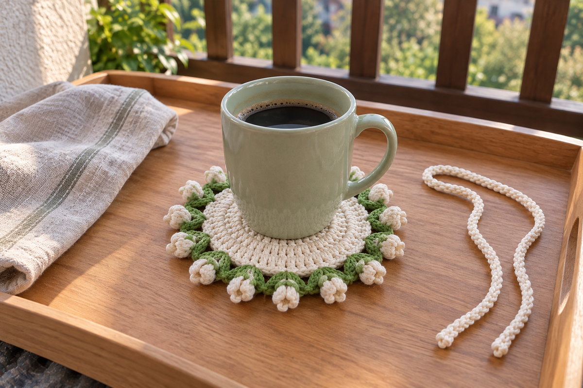 Lily of the Valley: a coffee mug on a flat warm-white crochet coaster edged with ivory bells and green leaves on a breakfast tray.