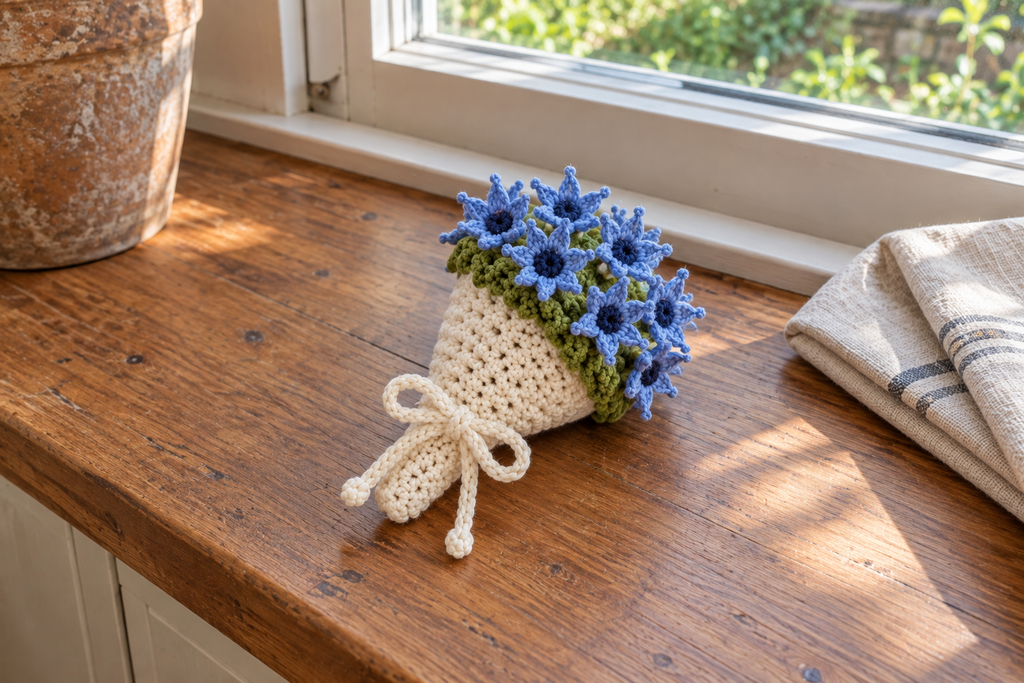 Cornflower: a warm-white crochet bouquet with pointed blue cornflowers, dark centres and a white bow on a windowsill.