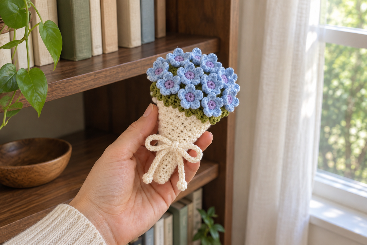 Hydrangea: a hand holding a tied warm-white crochet bouquet with blue hydrangea florets and pale-lilac centres.