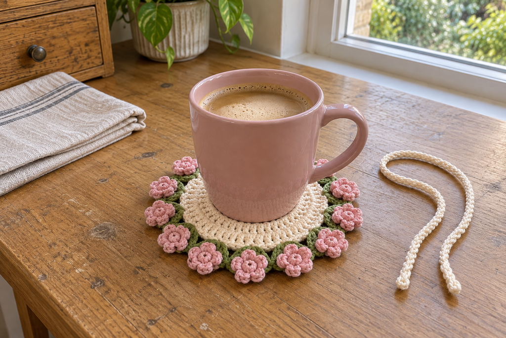 Peony: a pink coffee mug on a flat warm-white crochet coaster edged with full blush-pink peonies and green leaves.