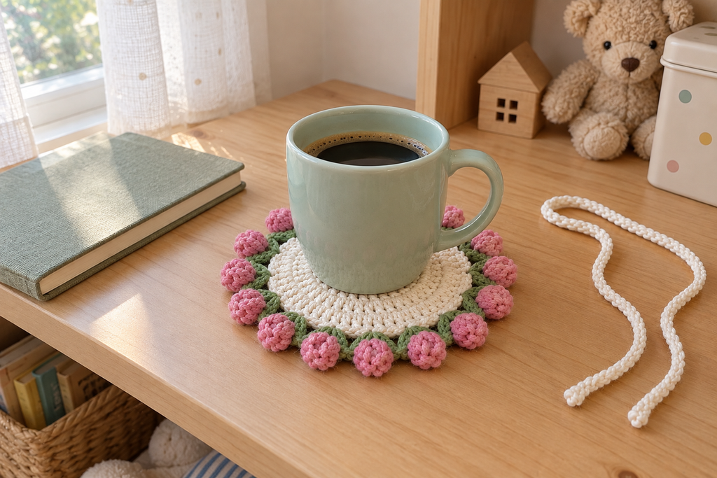 Clover: a green coffee mug on a flat warm-white crochet coaster with rounded pink clover heads and green leaves.