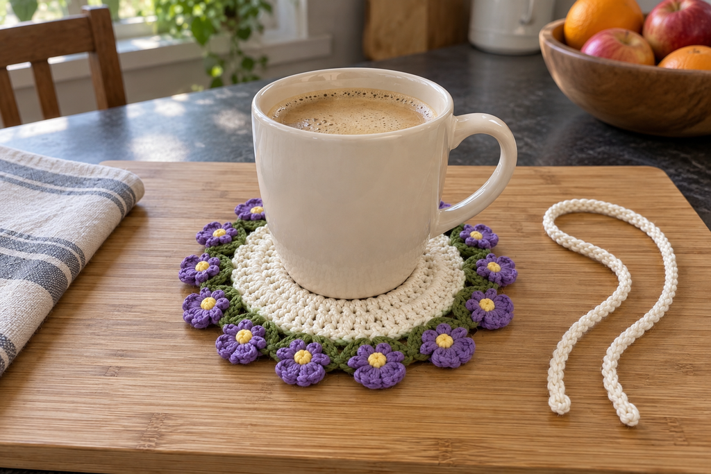 Violet: a coffee mug on a flat warm-white crochet coaster with purple violets, yellow centres and green leaves.