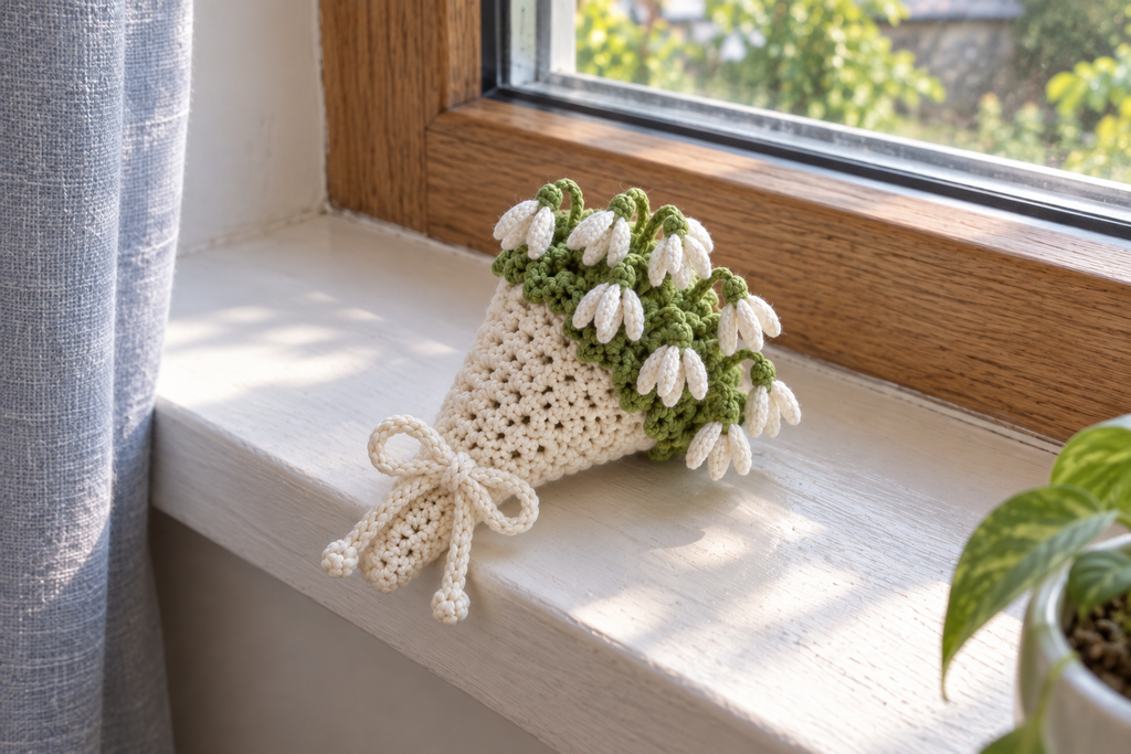 Snowdrop: a tied warm-white crochet bouquet with small hanging white snowdrops and green caps on a windowsill.