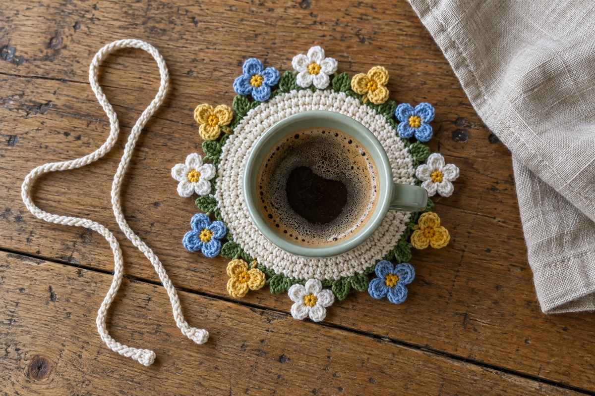 Mixed Wildflower: a green coffee cup on a flat warm-white crochet coaster with alternating white, gold and blue flowers and a loose white tie cord.