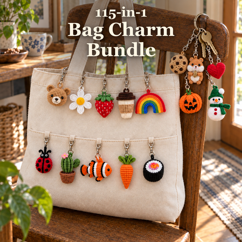 A canvas tote and house keys carry fifteen small crochet charms, including a pumpkin and snowman, with the title 115-in-1 Bag Charm Bundle in the upper background above the charms.