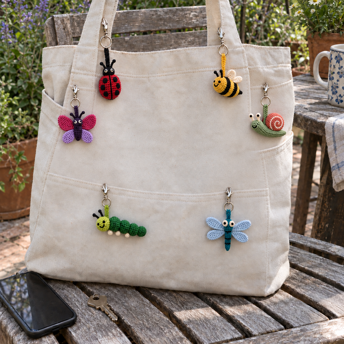 Ladybug, bee, butterfly, snail, caterpillar and dragonfly crochet charms hang from a cream canvas tote beside a garden table.