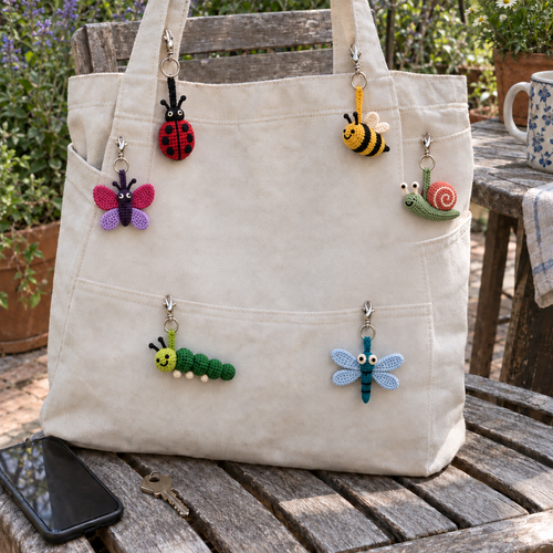 Ladybug, bee, butterfly, snail, caterpillar and dragonfly crochet charms hang from a cream canvas tote beside a garden table.