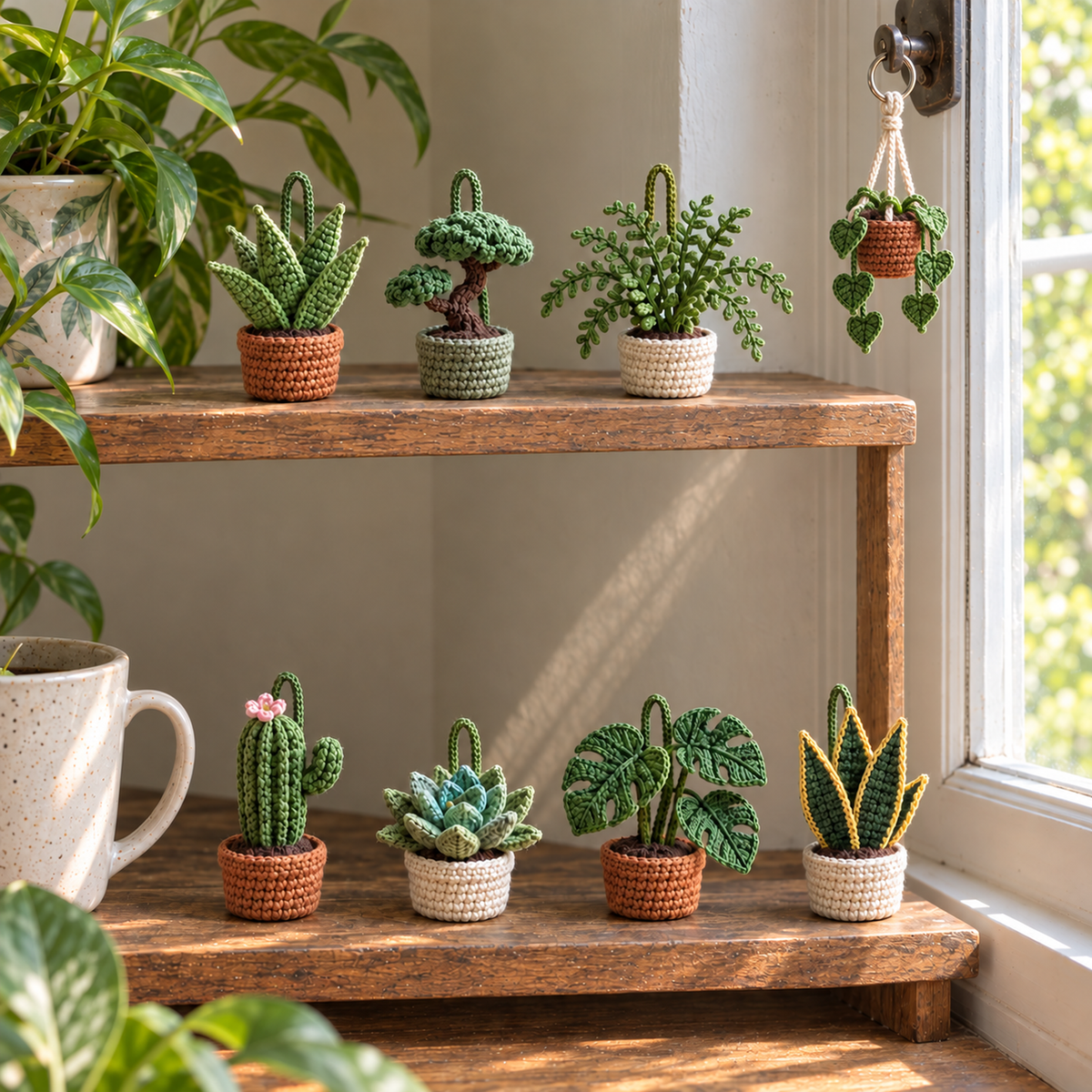 Eight small crochet plants in pots and a hanging basket sit on wooden shelves beside a sunny window.