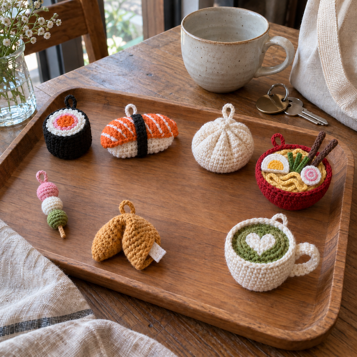 Sushi roll, salmon nigiri, bao bun, ramen bowl, dango, fortune cookie and matcha latte crochet charms sit on a wooden tray beside keys and a mug.