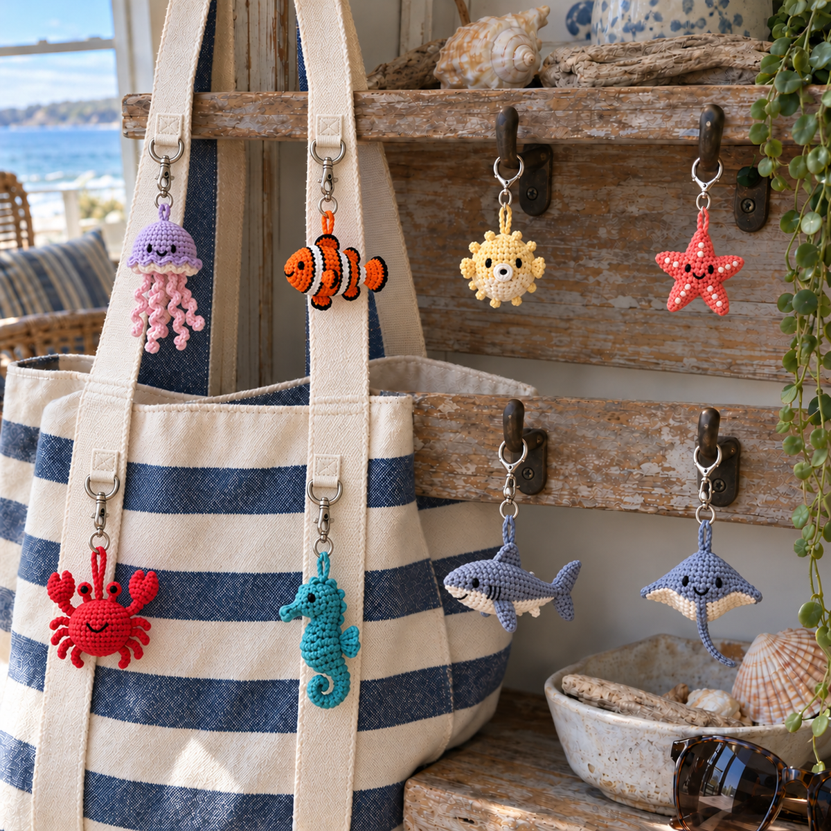 Jellyfish, clownfish, pufferfish, starfish, crab, seahorse, shark and stingray crochet charms hang from a striped tote and wooden hooks.