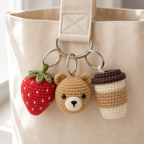 Three HookieNest crochet charms clipped to a canvas tote bag strap