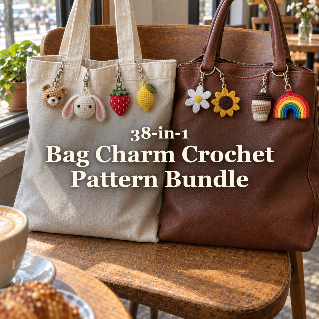 Crochet animal, fruit, flower, coffee and rainbow charms hanging from a canvas tote and a leather handbag on a cafe chair: 38-in-1 Bag Charm Crochet Pattern Bundle
