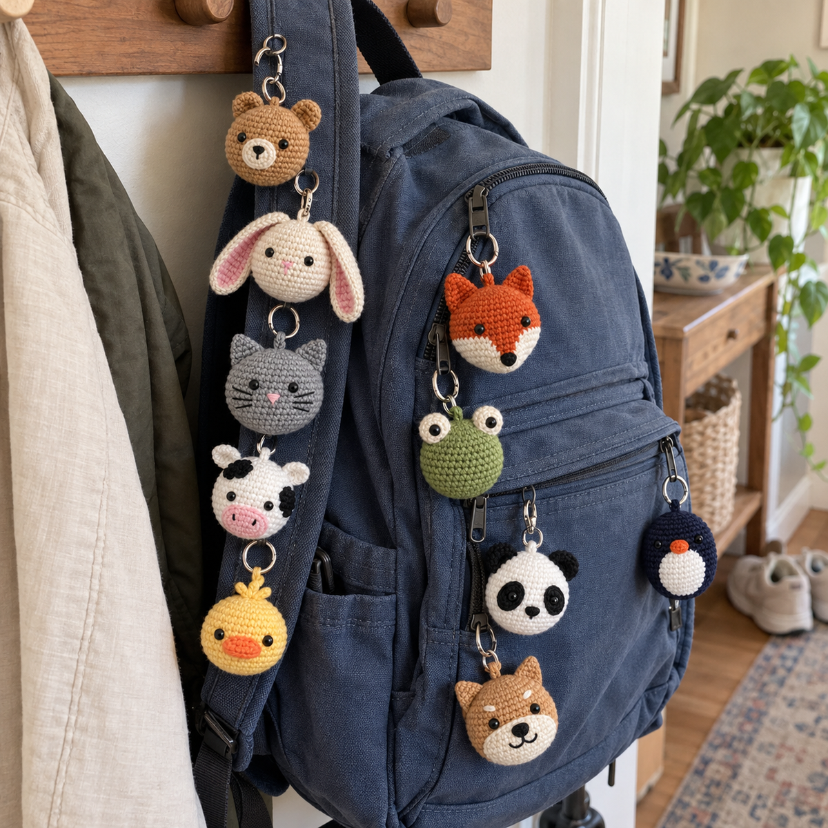 Ten crochet animal charms hanging along the strap and zipper pulls of a blue backpack in a hallway.