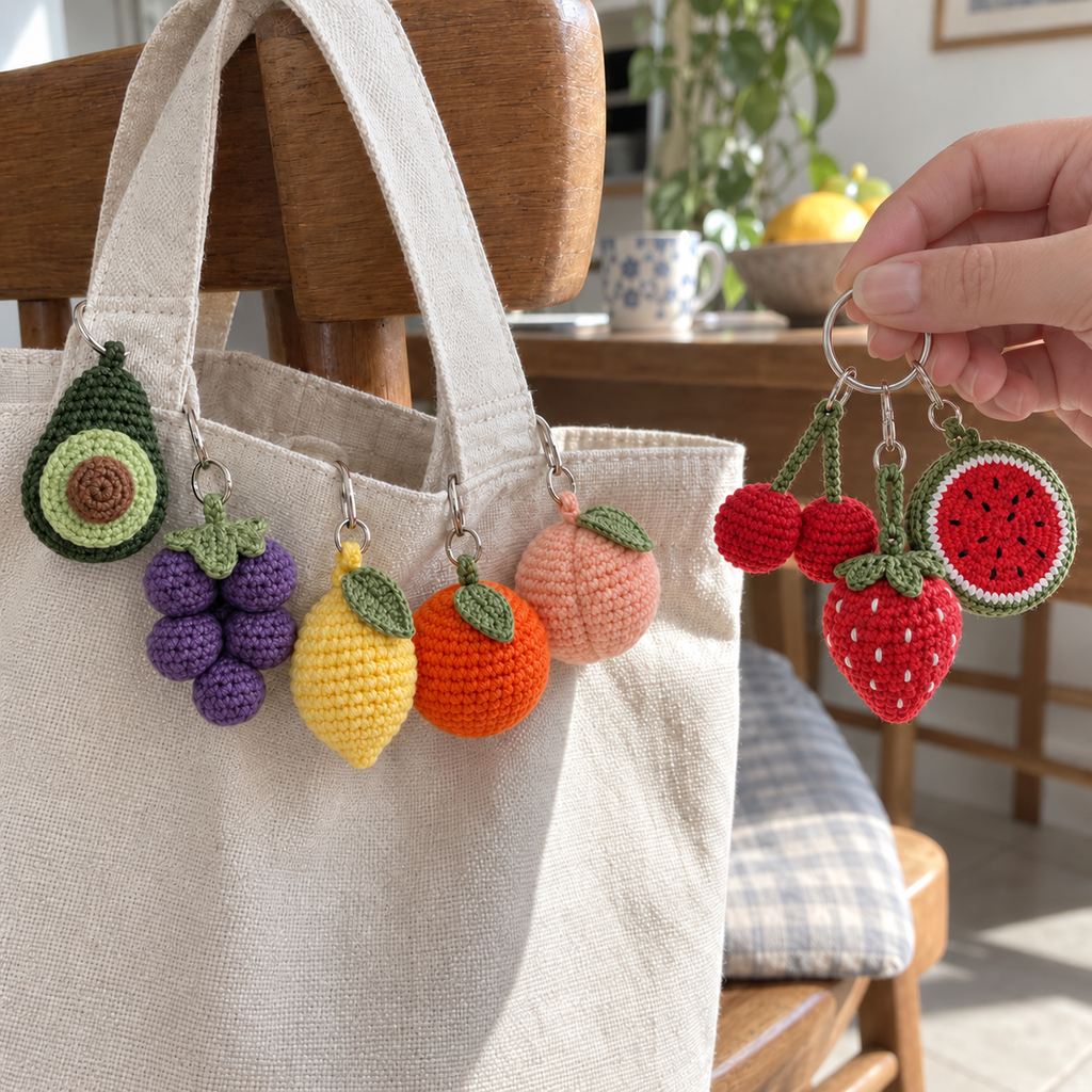Eight crochet fruit charms on a canvas tote and a keyring held by an adult hand.