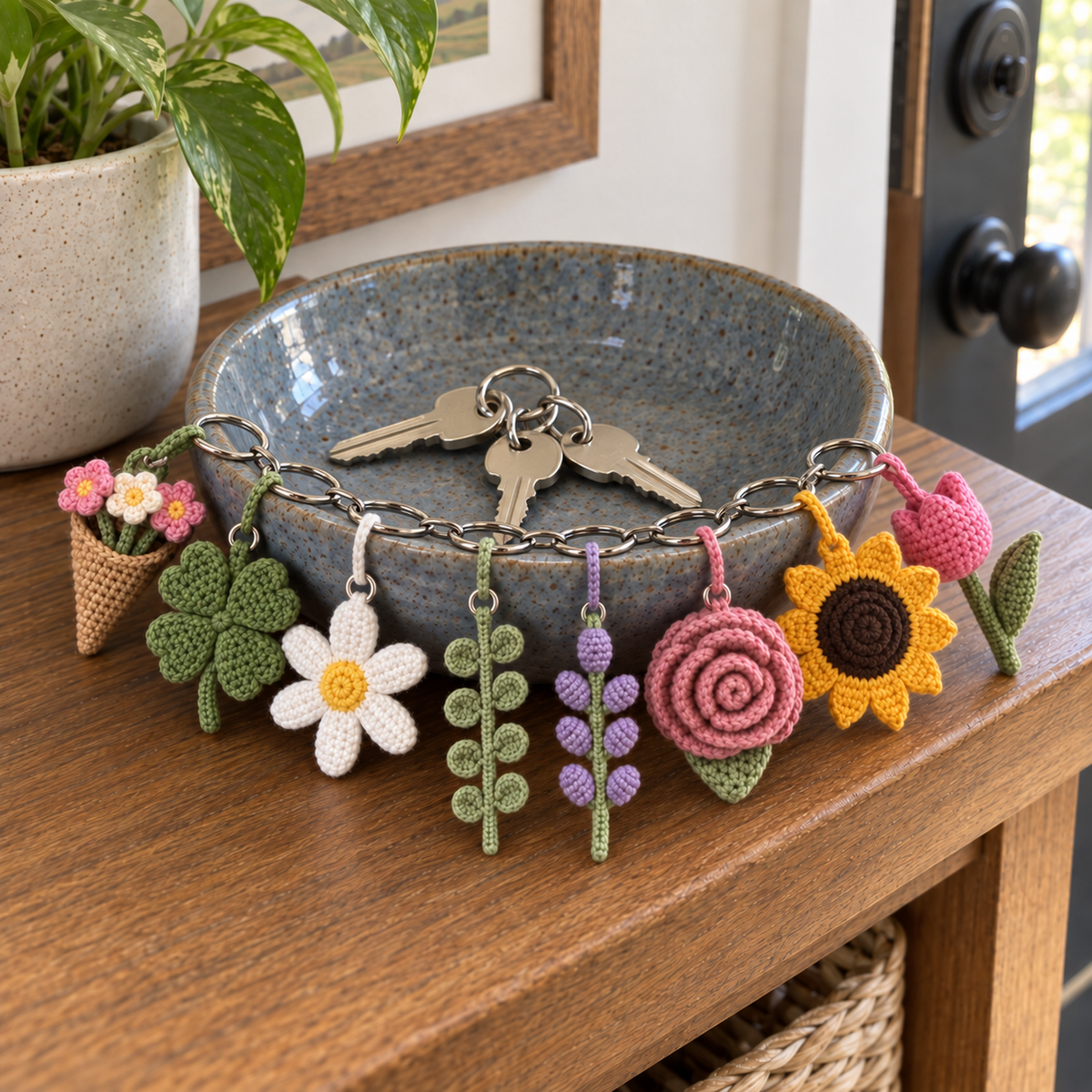 Eight crochet flower and leaf keychains around a ceramic key dish on a wooden console by the door.