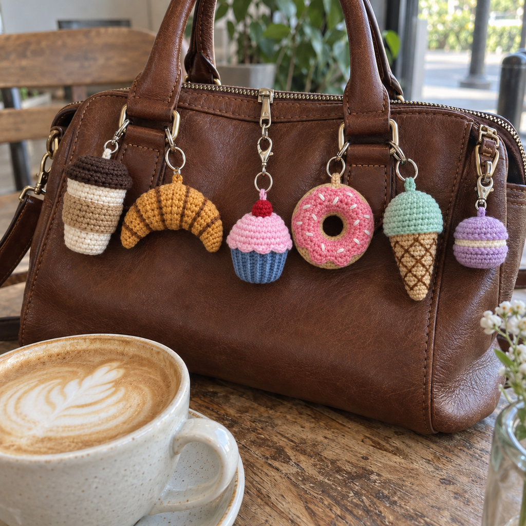 Six crochet cafe treat charms hanging from a brown leather handbag on a cafe table beside a latte.
