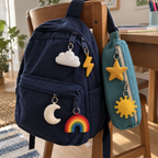 Crochet cloud, lightning, moon, rainbow, star and sun charms hanging from a school backpack and a pencil case.