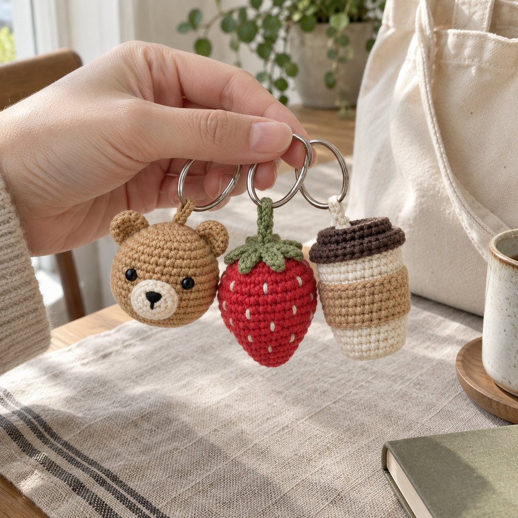 An adult hand holding a crochet bear head, strawberry and coffee cup charm by their rings.