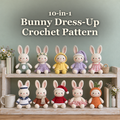 Ten crochet dress-up bunnies beneath the title 10-in-1 Bunny Dress-Up Crochet Pattern.
