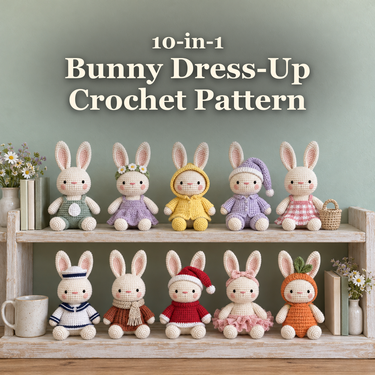 Ten crochet dress-up bunnies beneath the title 10-in-1 Bunny Dress-Up Crochet Pattern.
