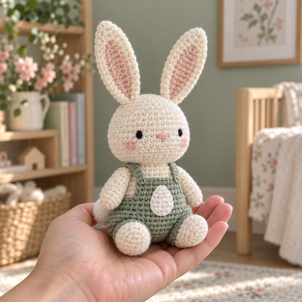 An adult hand holds a cream crochet bunny in sage overalls with a white egg-shaped pocket in a spring nursery.