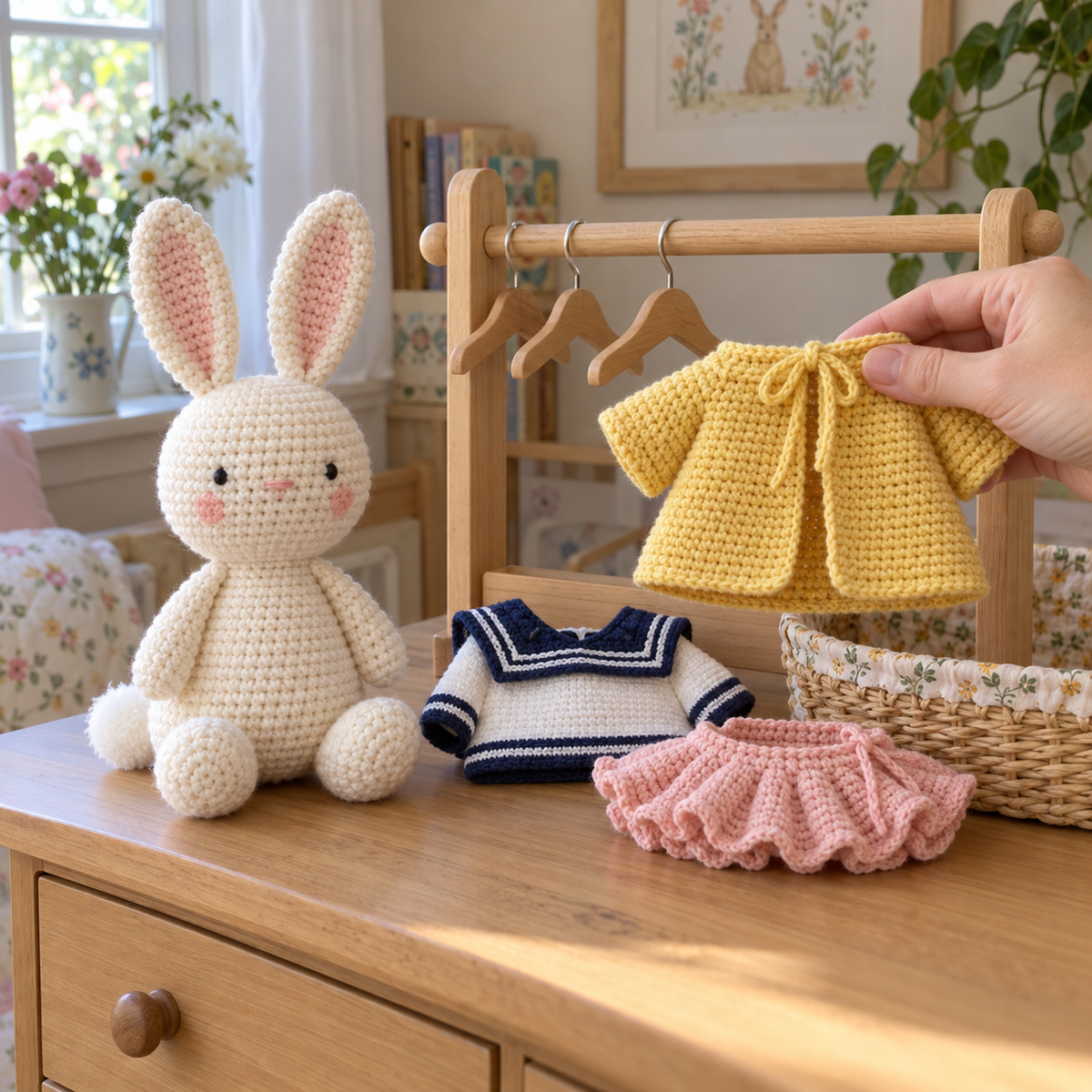 A cream crochet bunny with a white pompom tail sits beside a little wardrobe rail, a folded sailor top and pink tutu while an adult holds a yellow coat.