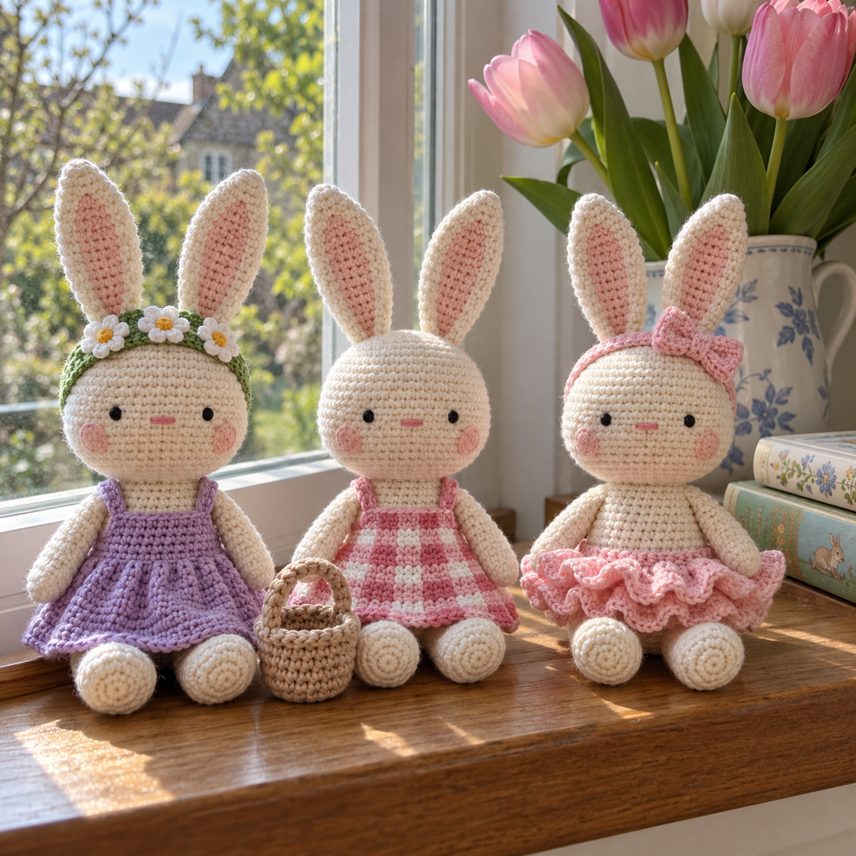 Flower, Picnic and Ballerina crochet bunnies sit on a sunny windowsill beside pink tulips and picture books.