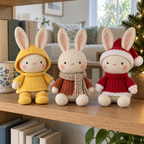 Rainy Day, Autumn and Christmas crochet bunnies sit together on a wooden bookshelf beside a small lit tree.