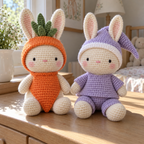 Close view of the Carrot bunny’s green hood leaves and the Sleepy bunny’s white-brimmed lavender nightcap, showing the cotton stitches.