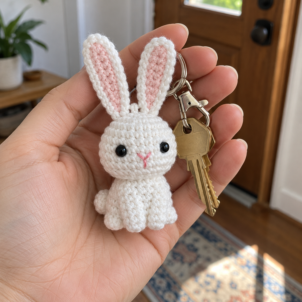 Small white crochet bunny keychain with long pink-lined ears held in an adult palm beside house keys.