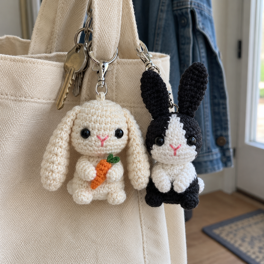 Cream Carrot Bunny and black-and-white Dutch Bunny crochet keychains clipped to a canvas tote strap.