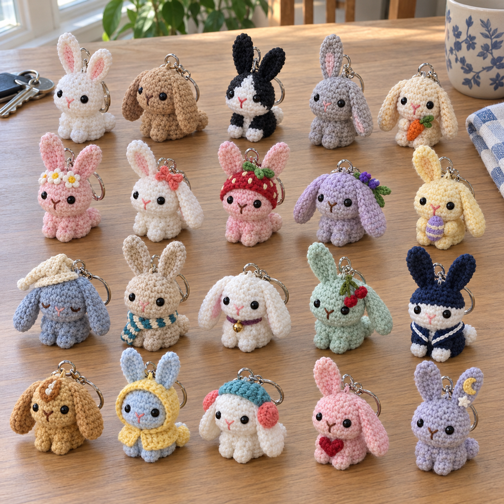 Twenty different small crochet bunny keychains with upright, lop and mixed ears arranged on a wooden table.