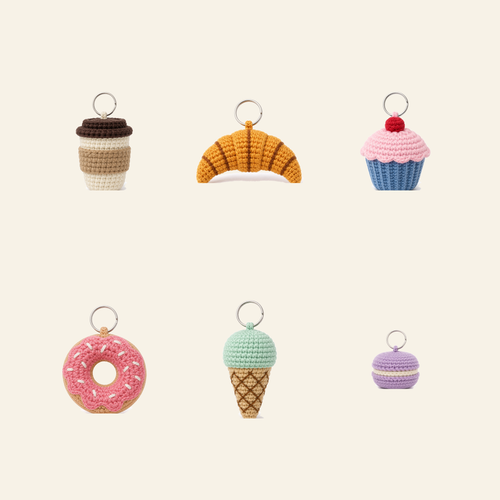 All 6 cafe treat crochet bag charms in the set, shown together
