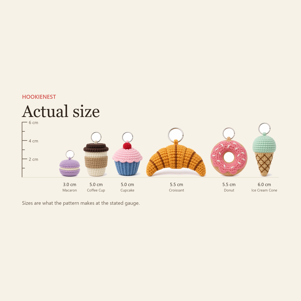 Every cafe treat charm beside a centimetre ruler at its finished size