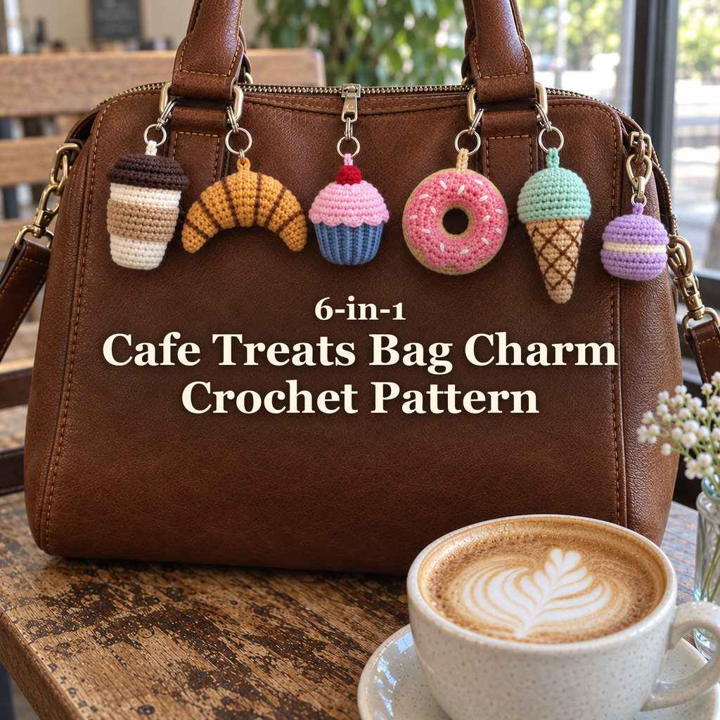 Six crochet cafe treat charms hanging from a leather handbag beside a latte: 6-in-1 Cafe Treats Bag Charm Crochet Pattern