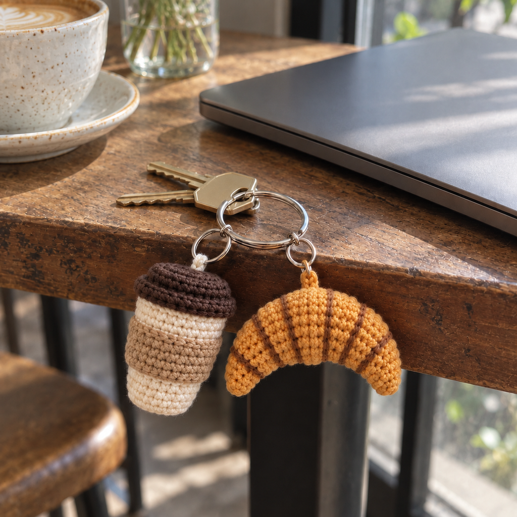 Coffee cup and croissant crochet charms on a set of keys at a cafe table.