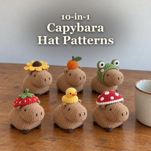 Six small crocheted capybaras in colourful hats beneath the title 10-in-1 Capybara Hat Patterns.