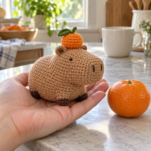 An adult hand holds a small brown crocheted capybara with an orange topper beside a real mandarin on a kitchen counter.