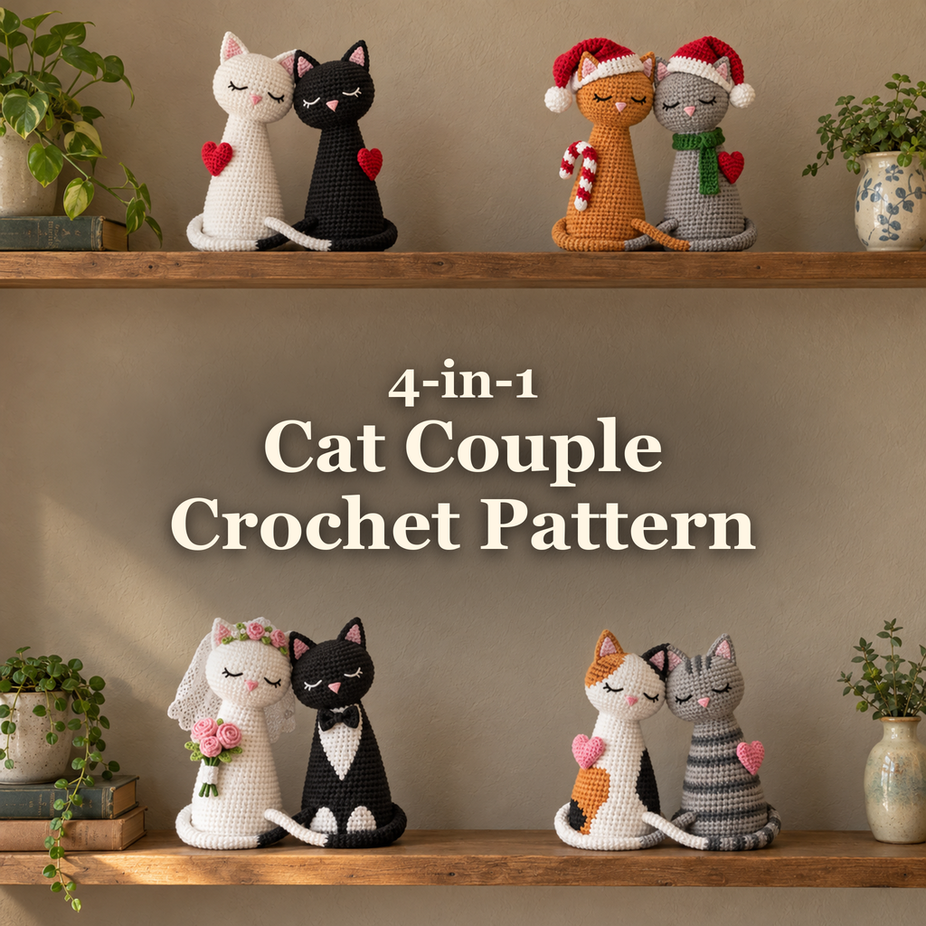 Four crochet cat couples on two wooden shelves with the title 4-in-1 Cat Couple Crochet Pattern between them.