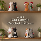 Four crochet cat couples on two wooden shelves with the title 4-in-1 Cat Couple Crochet Pattern between them.