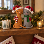 Ginger and grey crochet cats in red Santa hats on a festive mantel, with a candy cane, green scarf, red heart and mug of cocoa.
